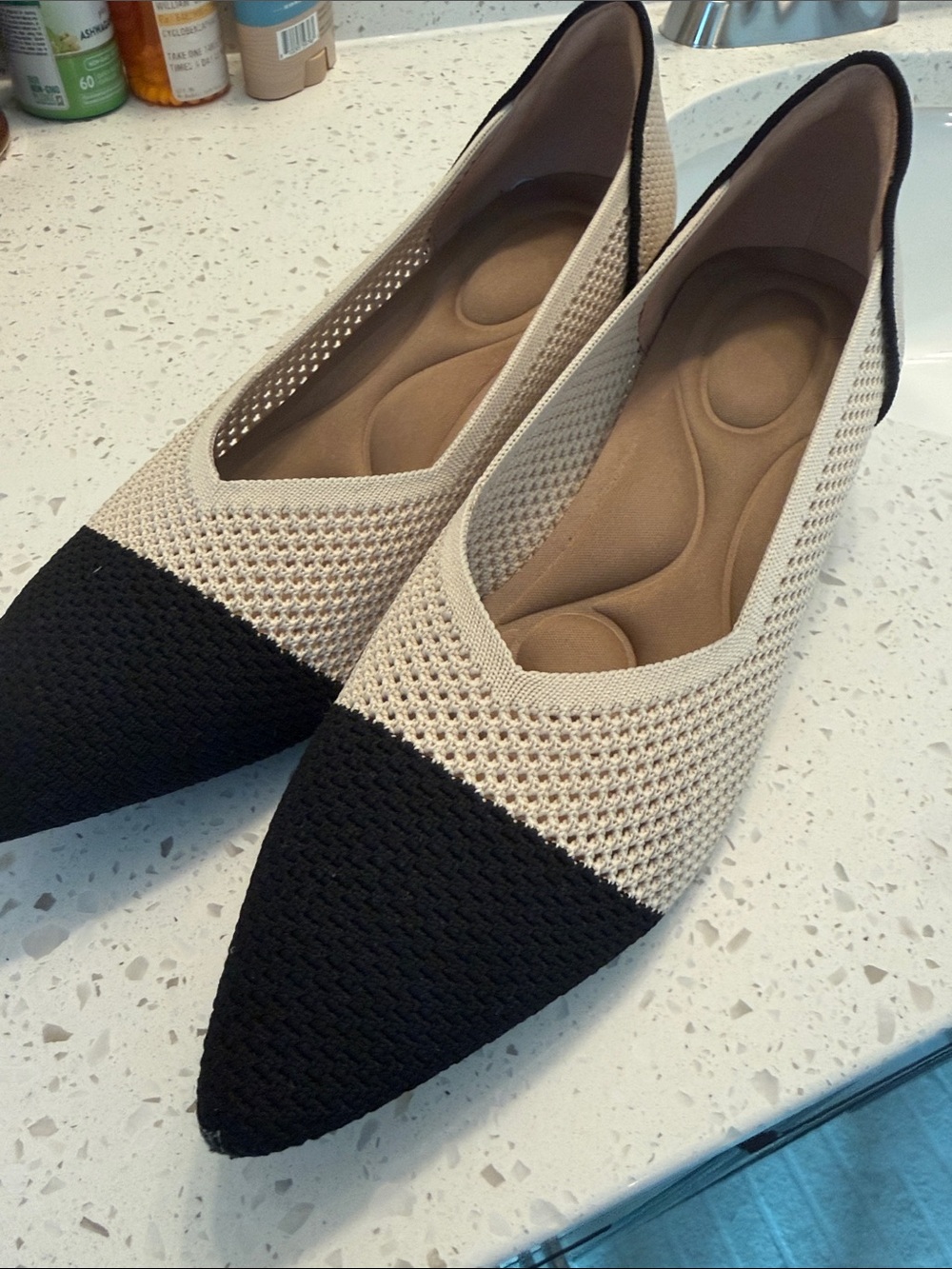 Pointed Knit Flats in Black & Cream